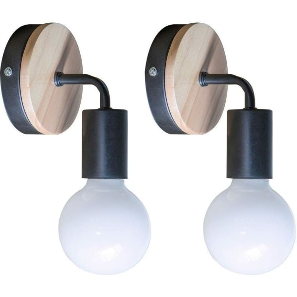 2 Pack Loft Svart Væglampe Simplicity E27 LED Järn og træplade (udan glödlampe)