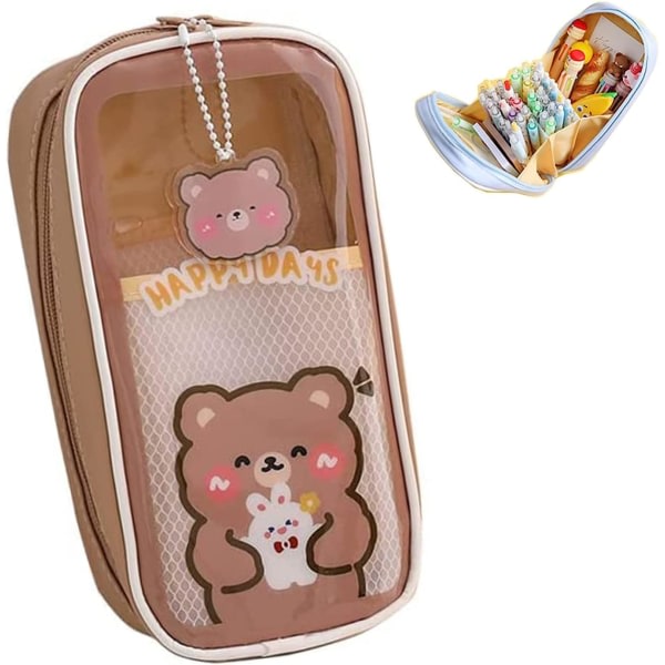 Söt case, estetiskt case, case estetiskt, bärbart pennfodral med stor kapasitet Slitstark väska för skolan (brun björn)