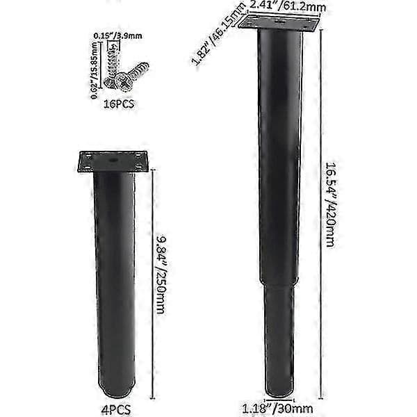 Sæt med 4 justerbare sorte møbelben i metal (25-42 cm)