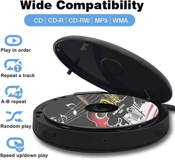 Bærbar Bluetooth CD-afspiller Genopladelig MP3 USB Stødsikker Sort Black