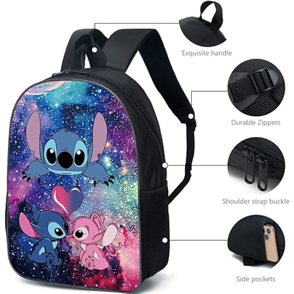Stitch-reppu - 3 osainen lasten laukkusetti lounas- ja kynälaukulla kouluun, ulkoiluun, matkoille, leirintäalueelle