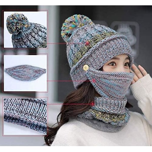 3 i 1 stickad mössa för kvinnor Circle Scarf Mask Set Fleece Pom Hel varm maske Öronlapp Cap Vindtät Ski Huva Hatt