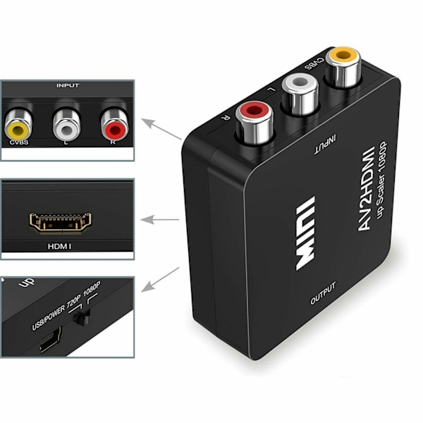RCA till HDMI-adapter - Analog till Digital Signalomvandlare, 1080p, Svart black