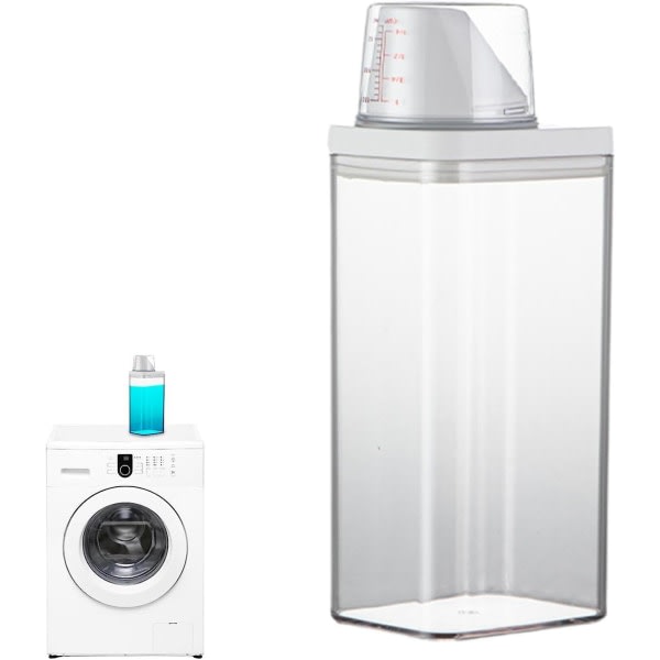 Dispenser för flytande tvättmedel med måttbägare för tvättstuga