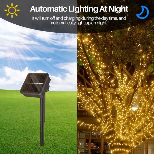 Solar String Lights utomhus, 12M 100LED vattentät Solar String Lights utomhus 8 mönster Vattentät koppartråd dekoration (2-pack, gul)