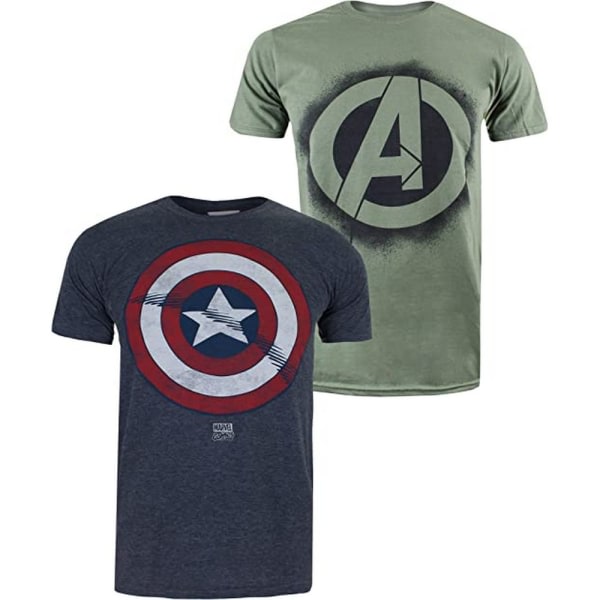 Marvel Avengers Mens Shield T-skjorte (pakke med 2) M Military Gree Military Green/Marine/Rød M