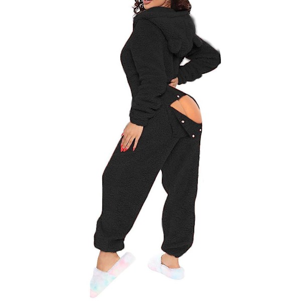 Kvindes Sexy Dyb V-udskæring Bodycon Jumpsuit Pyjamas Langærmet Romper Nattøj Sort Black S