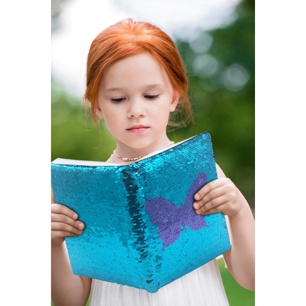 Käännettävä paljettivihko tytöille, A5-kokoinen purppura perhonen siniseen pienten tyttöjen päiväkirjaan piirtämiseen, tytöille ja pojille