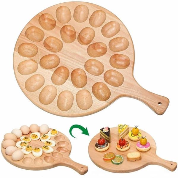 Rund serveringsbrett i tre, eggeholder for 24 egg, multifunksjonell