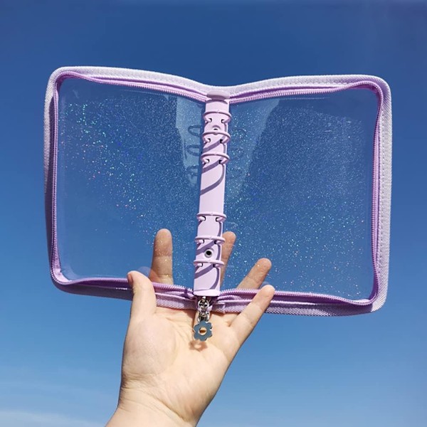 A6 Ringpärmomslag Transparent PVC Notebook Skal med Dragkedja Glitter Planner Pärm Mapp Sparkling Budget Pärm för Kontant Budget System Lila Purple A6