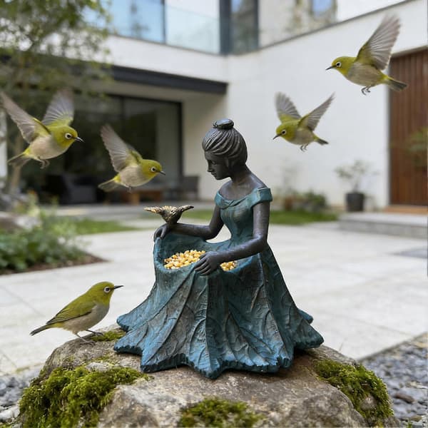 Fehave Statue Fuglefoderbræt Og Fuglebad Harpiks Udendørs Dekorativ Pigeskulptur til Haven A