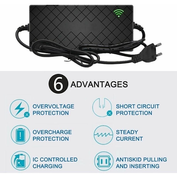 24V 2A Elektrisk Cykel Smart Litiumbatterioplader Udgang 29.4V 2A Oplader DC-port Hurtigoplader Med Køleblæser, RCA-stik..DEBUNS-XF9-