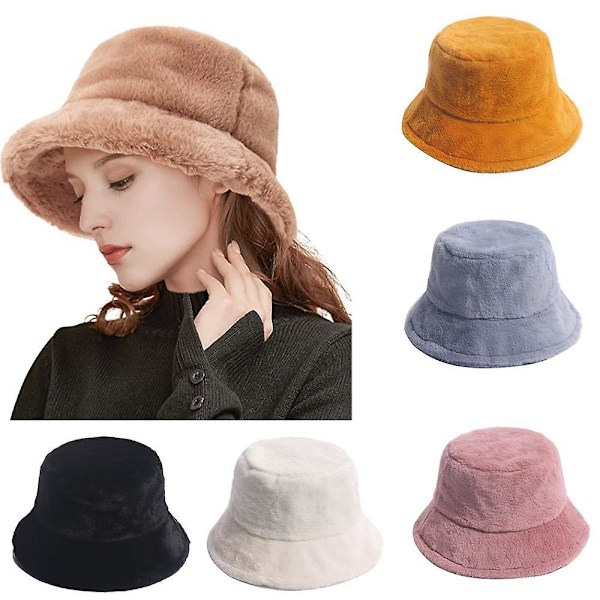 Varm Hat med Bred Skygge Unisex Fluffy Vinter Blød Hat Kvinder Kunstig Pels Spand Hat (Hvid)