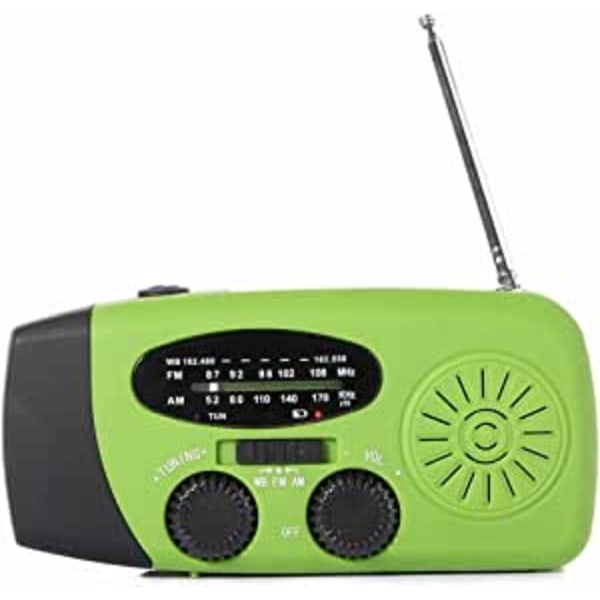 Grønn håndsveiv radio med solcellepaneler, lommelykt og powerbank