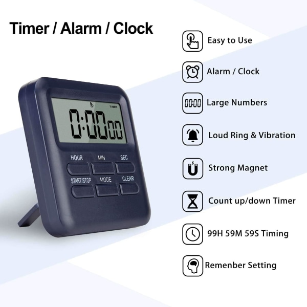 Digital Timer with 3 in 1 Clock/Alarm Clock Function, Magnetic