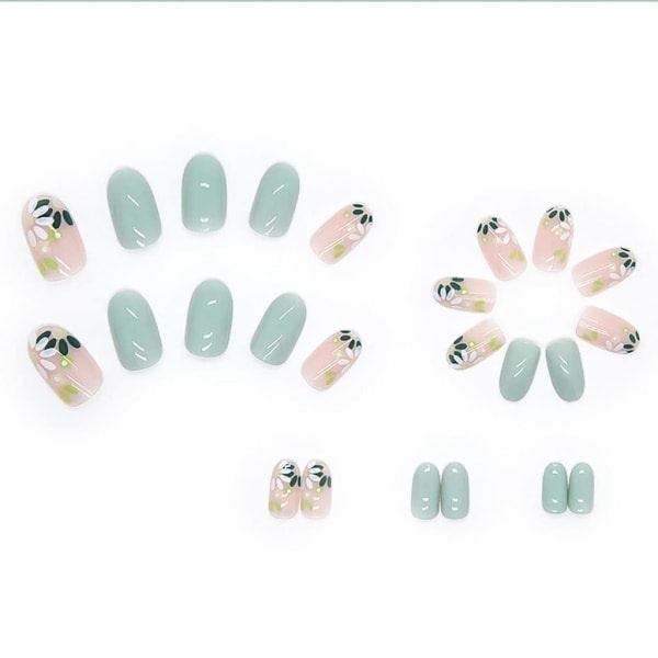 Mandelpress på naglar Medium lösnaglar med blommor Design Gröna naglar för kvinnor 24 st/ set