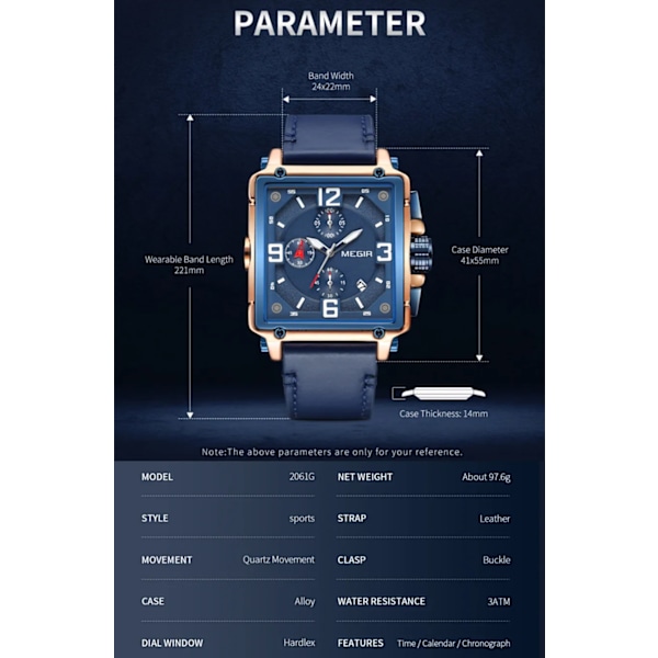 Klockor för män Vattentät Läder Quartz Armbandsur Luminous Chronograph Datum Kalender Herrklocka