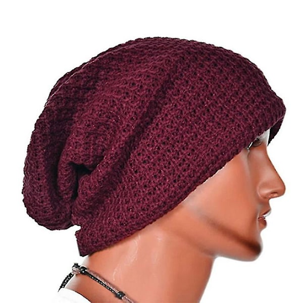 Strikket Slouch Beanie Hat for Menn Skull Baggy Vinter Varm Oversize Skateboard Caps (Vinrød)