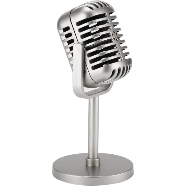 Klassisk vintage stil mikrofon rekvisita, falska vintage mikrofon rekvisita modell med stativ, silver antik mikrofon dekoration