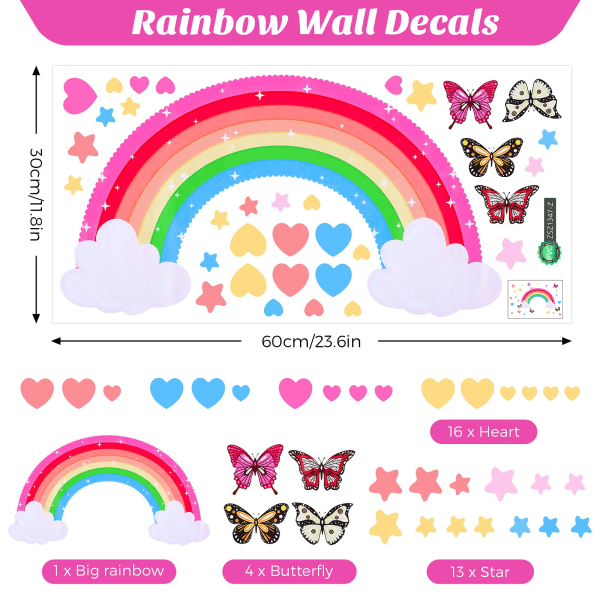 Rainbow Wall Stickers Akvarel Star Sommerfuglehjerte Aftageligt