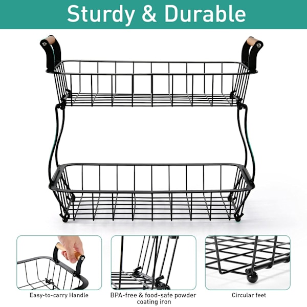 2-lags fruktkurv Benkeplate Frukt Grønnsakskurv Skål for kjøkken Benkeplate Metalltråd Oppbevaringskurv Fruktstativ Holder Organizer, - Perfekt