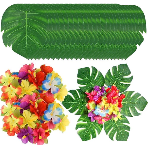 90 stk. Tropiske festdekorationer Tilbehør Hawaii kunstige tropiske palmblade Hibiscusblomster Safariløvdekorationer til Hawaiian Luau Be 1