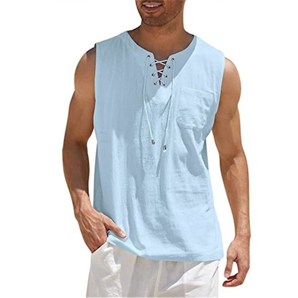 Mænds Middelalderlig Renæssance Viking Pirat Linned Skjorte Casual Ærmeløs Snøre Strand Hippie Toppe Lyseblå Light Blue 2XL