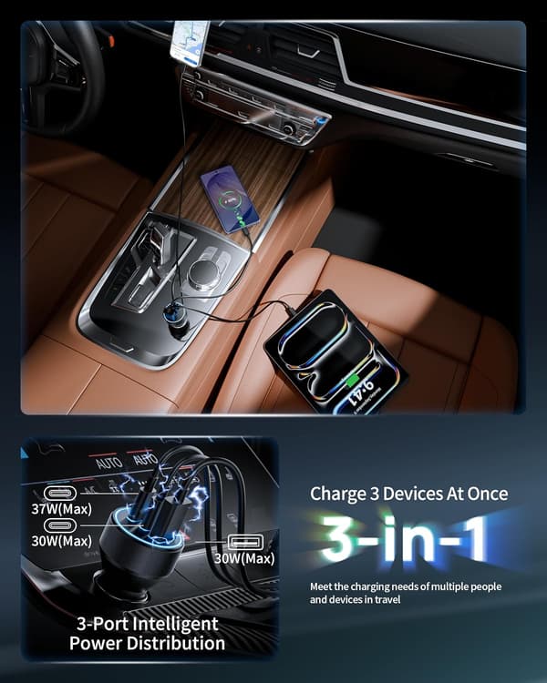67W 3-ports USB-C biloplader (dobbelt USB-C + USB-A)