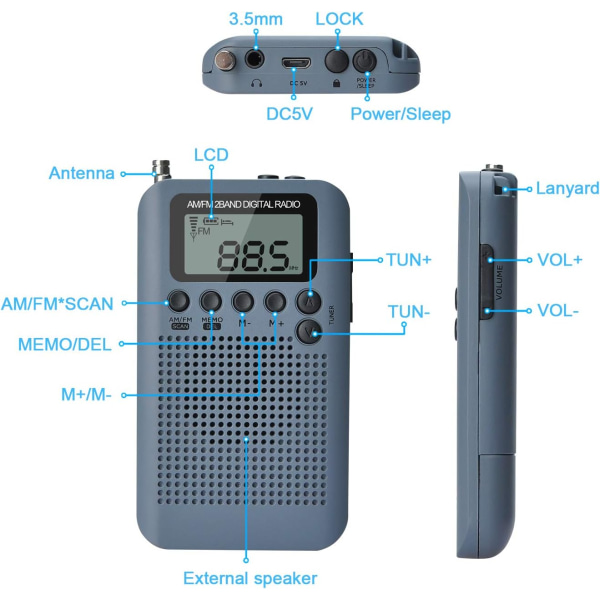 AM/FM tasku digitaalinen radio herätyskello Uniajastin Sisäänrakennettu