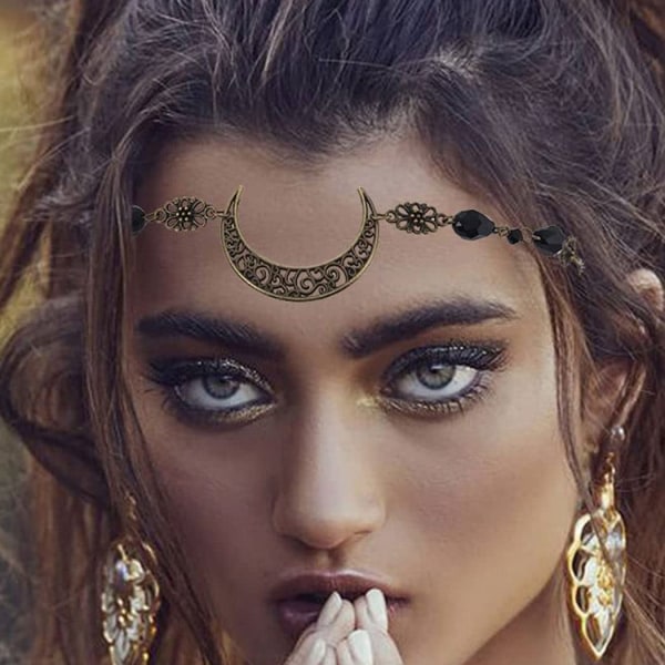 Golden Bohemian Head Chain med svarta pärlor för kvinnor och flickor（
