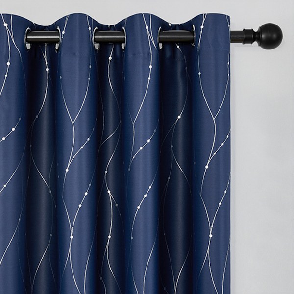 Marinblå mörkläggningsgardiner 213 cm långa, 2-pack med öljetter, isolerade rumsmörkläggningsgardiner med vågmönster och tryck för sovrum, 132 x 213 cm -XF4-