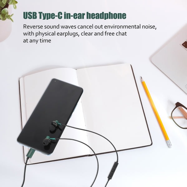 USB C-hodetelefoner Ergonomisk kablet kontroll In-ear Noise Cancelling Headset