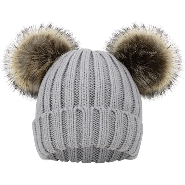 Warm Kids Winter Hat with Pompom Ears Elastisk Stickad-grå