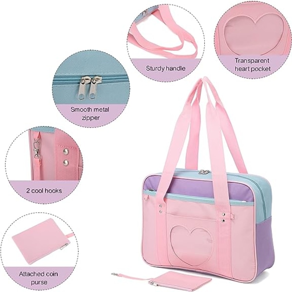 Japansk skoletaske stor anime skuldertaske dame håndtaske pink
