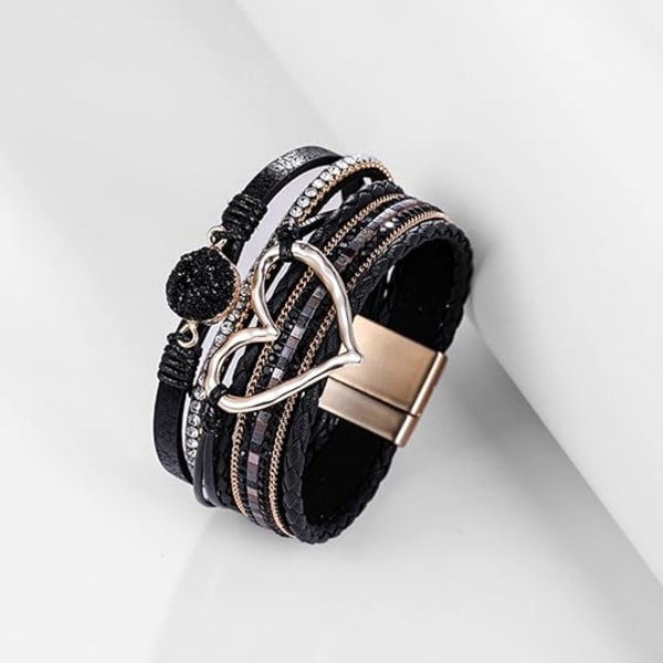 Flerlagers läderarmband Hjärta Modernt Boho-armbånd med magnetlås manschett Rhinestone s for women Julklappar