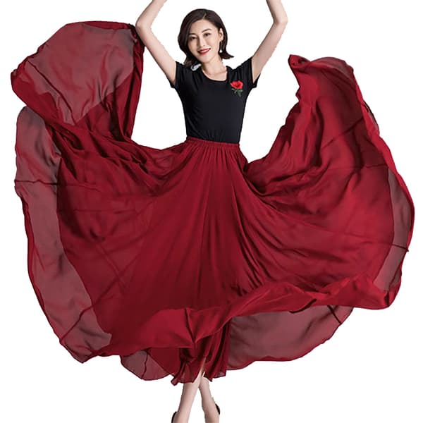 720 Silkeagtig, gennemsigtig chiffon lang dansenederdel med elastik i taljen til mavedans vinrød Wine Red 80cm