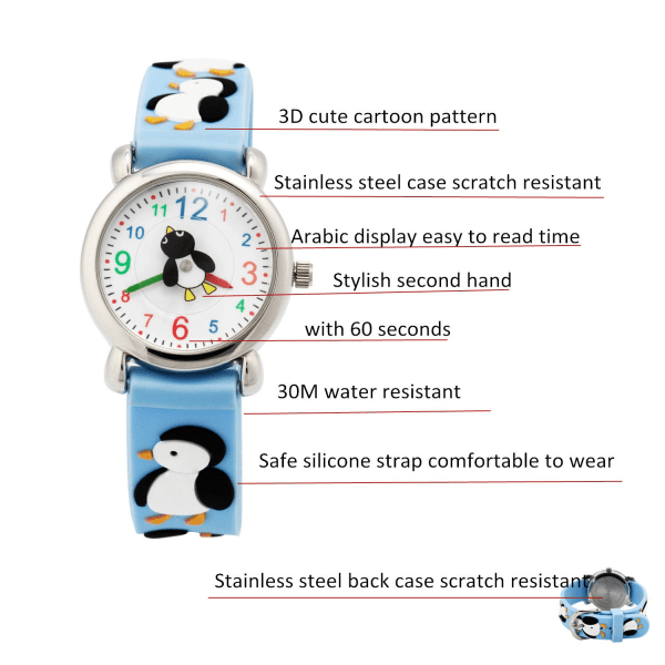 Cartoon Watch Creative Round Pointer Quartz Watch Cute Penguin Watch (blå)