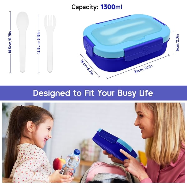 Bento Lunchbox Madkasse for voksne barn, 4-fack for män och kvinder Madkasse med bestick, blå