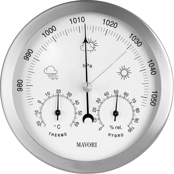 Analog værstasjon for innenhus/utomhus, ram i rostfritt stål - Inkludert barometer, hygrometer og termometer (FMY)