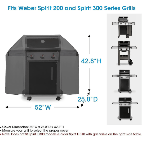 52 tommers grilltrekk for Weber Spirit 200 og 300-serien, grilltrekk for utendørsgrill, kraftig vanntett grilltrekk, falmebestandig grilltrekk 52 inch