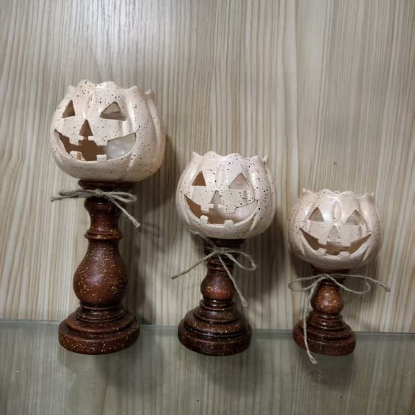 3-delt sett med gresskar telysholdere, hvite gresskar lysestaker i harpiks, Halloween borddekorasjon