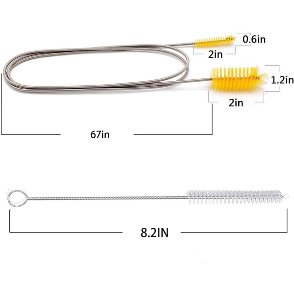 Fleksibel avloppsborste， Nylon med dobbel ändar elastisk slangrör 67-tum og 2 ST 8,2-tums strårengöringsborste