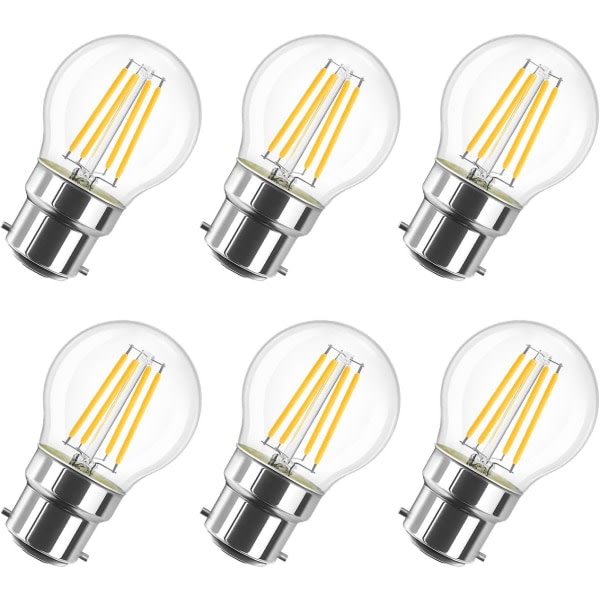 6W LED-glödlampa i Bayonnate G45 B22, 2700K varmvit, 806Lm, vintage , ej dimbar, paket med 6 [Energiklass D]
