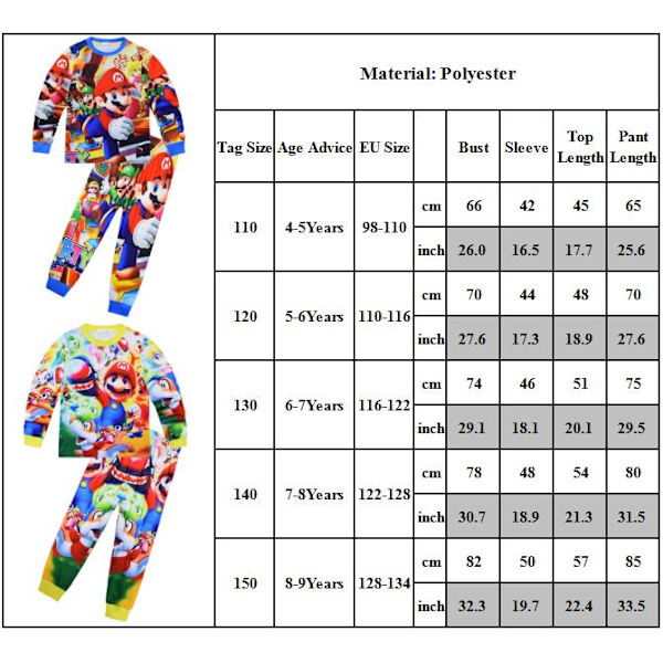 Super Mario Bros. Pyjama-setti lapsille, pitkähihainen housupuku A A 120cm