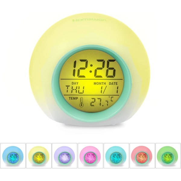 Digital väckarklocka, med väckarklocka, insomningstimer, 7 färger light green