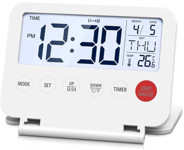 Mini sammenleggbar digital vekkerklokke LCD bakgrunnsbelysning termometer slumrefunksjon dato tid hvit