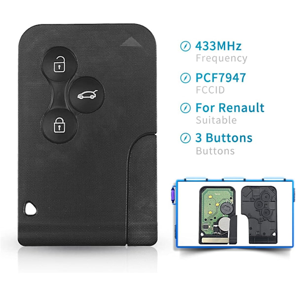 3-knappars fjärrnyckel fodral kort för Renault Clio 3 Megane 2 Scenic 2 med 433MHz PCF7947 chip