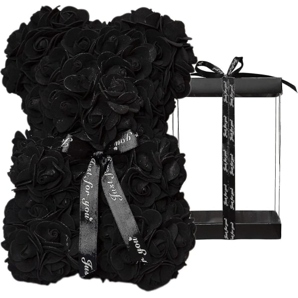 Handgjord 10" rosbjörn i svart låda för speciella tillfällen - perfekt present till mors dag, alla hjärtans dag, årsdagar, födelsedagar svart