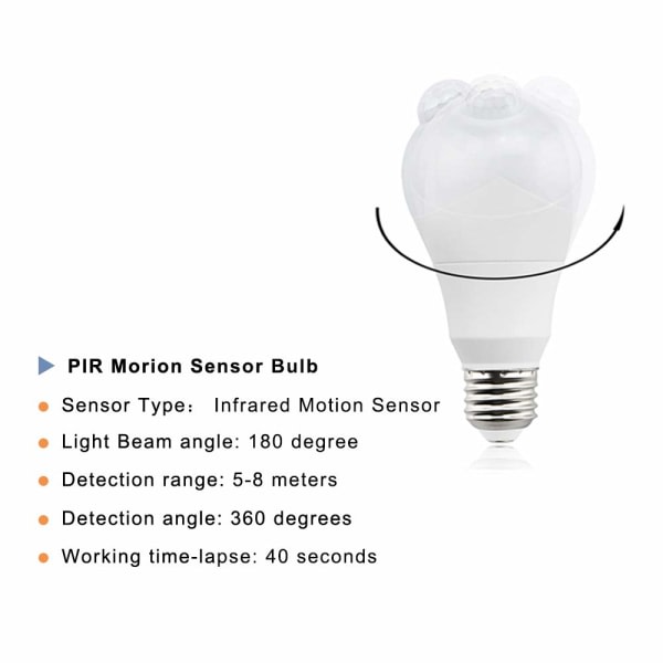 5W E27 LED-lamppu PIR Infrapunaliiketunnistin E27 Edison Screw Yövalo syttyy/sammuu automaattisesti (2kpl, lämmin valkoinen 3000K)