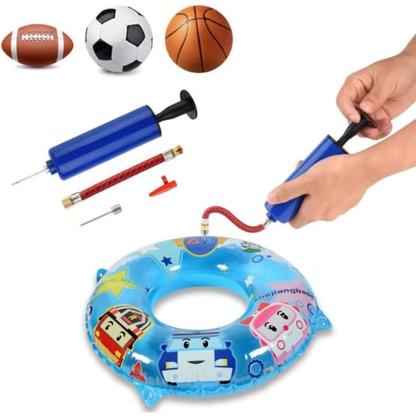 Håndluftbollspumpsats, bärbar pumpe med opblåsningsballonger med 7 nålar 1 munstykke og 1 ventiladapter til kurv og andre gummibåde